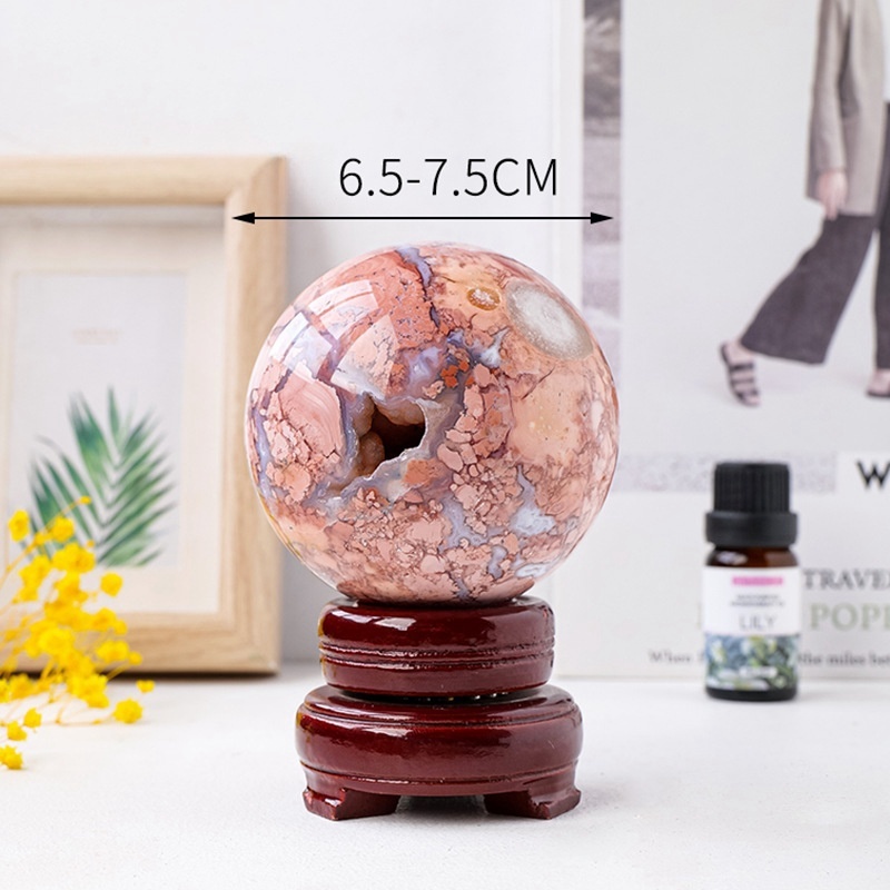 Natural pink agate crystal ball, raw stone polished energy stone