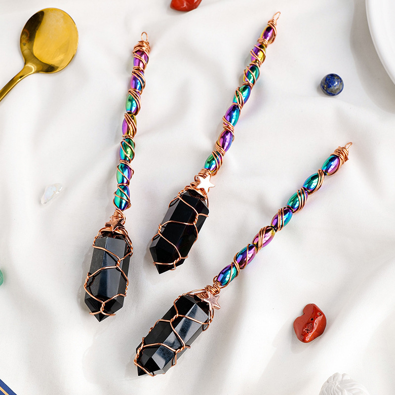 Obsidian double-pointed magic wand gold wire wrapped crystal Halloween props