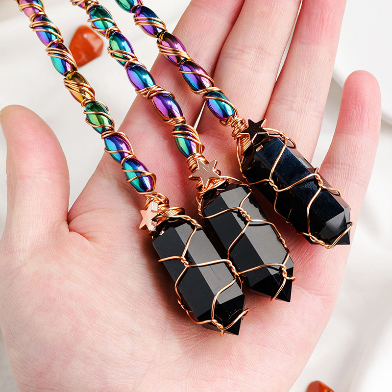Obsidian double-pointed magic wand gold wire wrapped crystal Halloween props