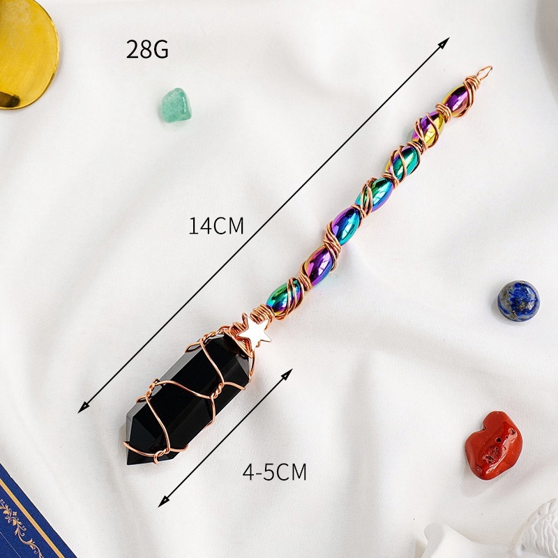 Obsidian double-pointed magic wand gold wire wrapped crystal Halloween props