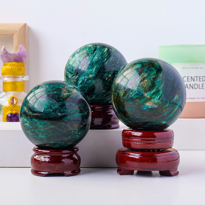 Natural green mica crystal ball ornaments raw stone polished energy stone