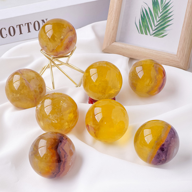 Natural yellow fluorite purple mica symbiotic crystal ball original stone polishing