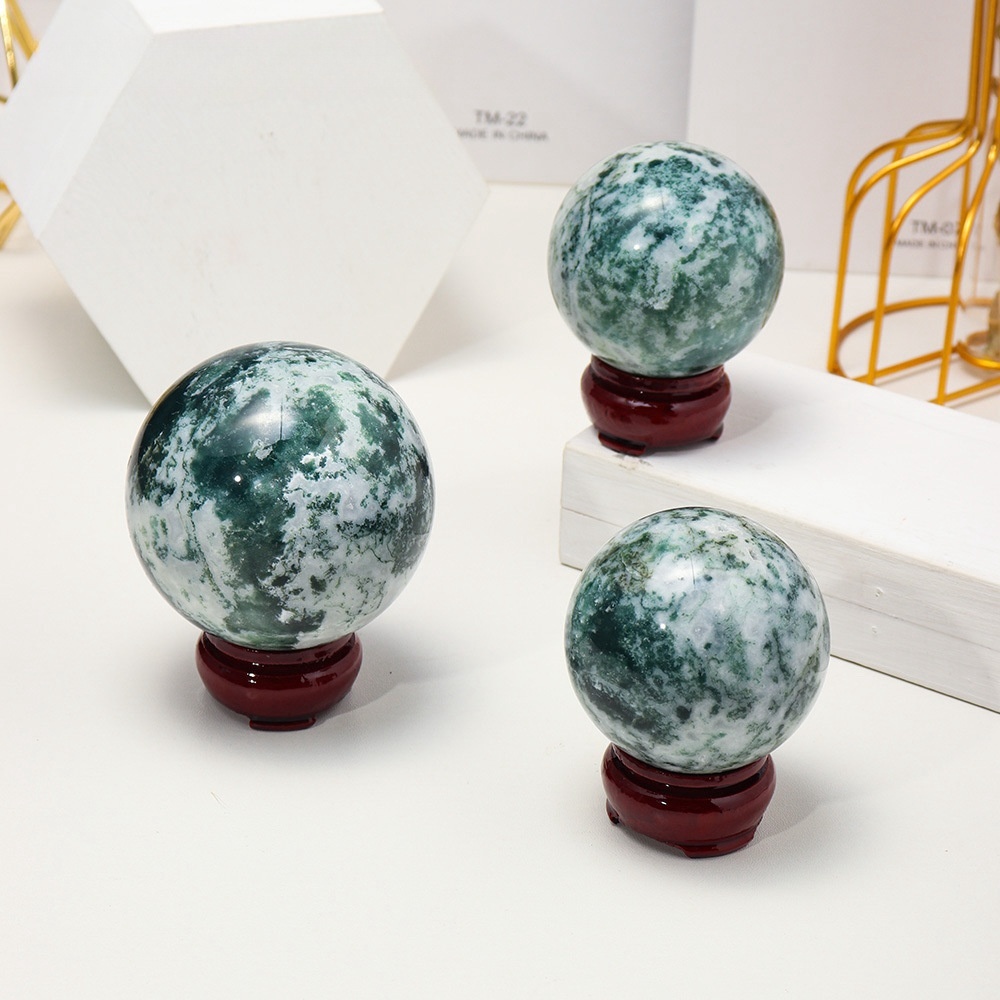 Natural green moss agate ball, polished raw stone with base