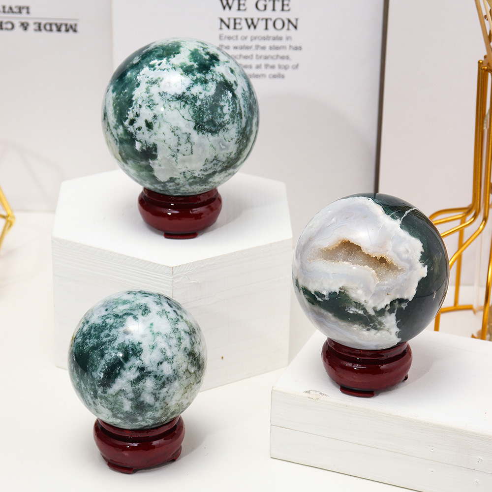 Natural green moss agate ball, polished raw stone with base