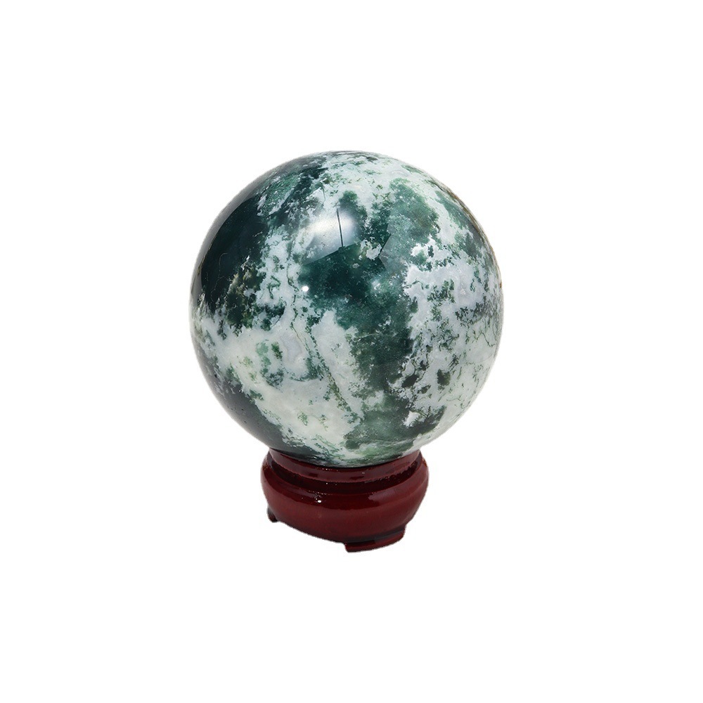 Natural green moss agate ball, polished raw stone with base