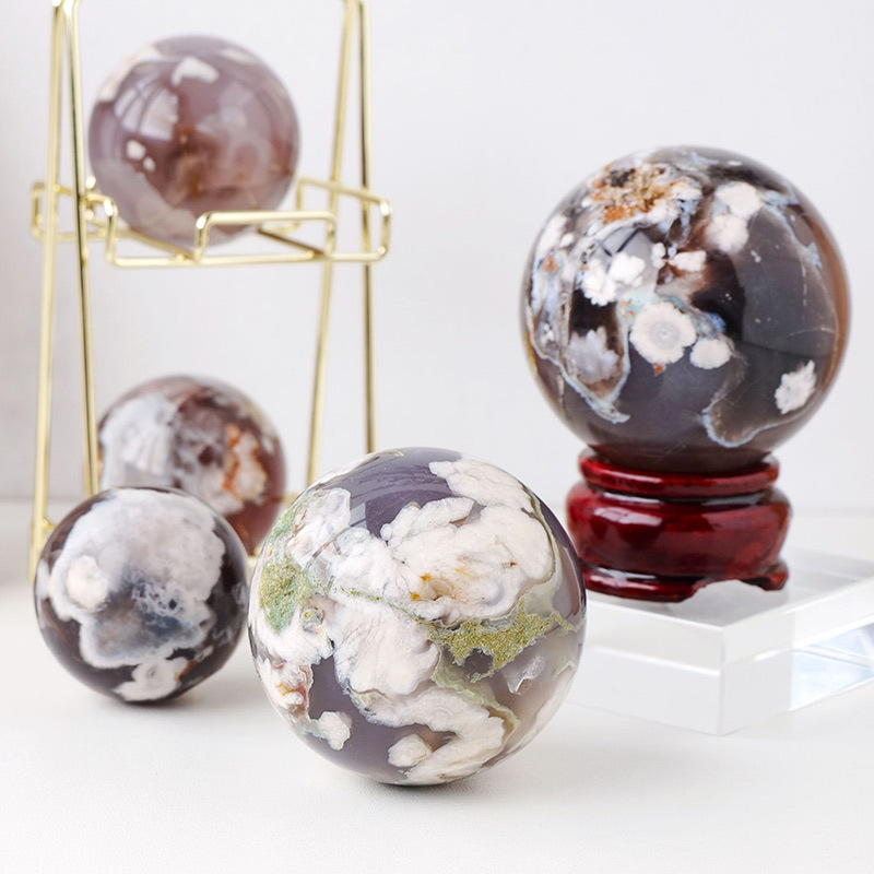 Natural black cherry agate ball ornaments crystal raw stone polished