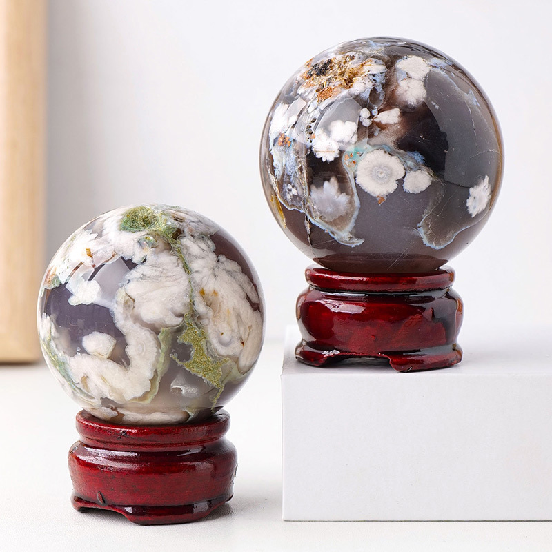 Natural black cherry agate ball ornaments crystal raw stone polished