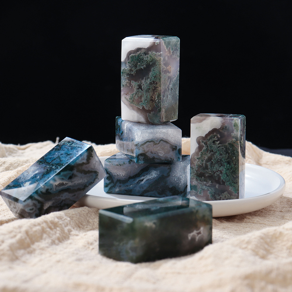 Natural crystal moss agate cube crystal raw stone geometric cube