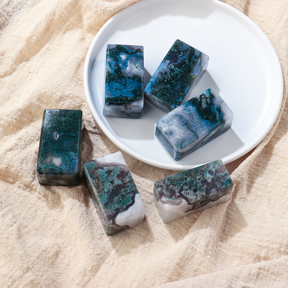 Natural crystal moss agate cube crystal raw stone geometric cube