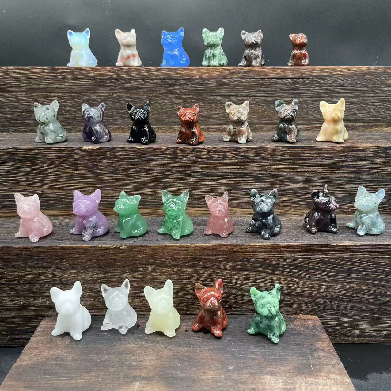 Crystal dogs 3cm semi-precious stone carving rose quartz purple mica French bulldog