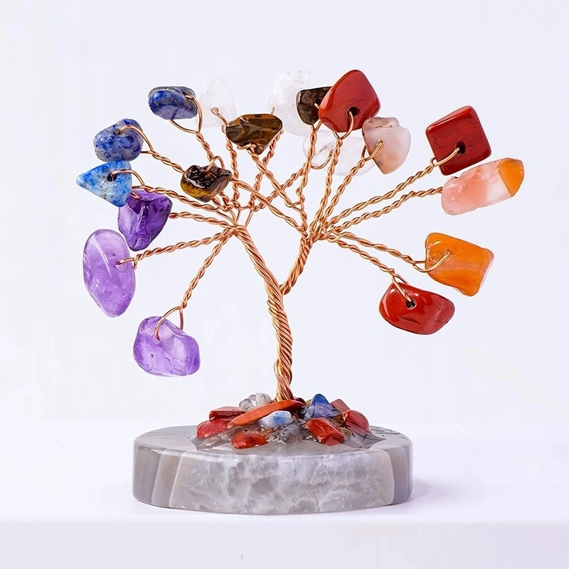 Natural crystal crushed stone agate piece base mini tree of life hand-woven