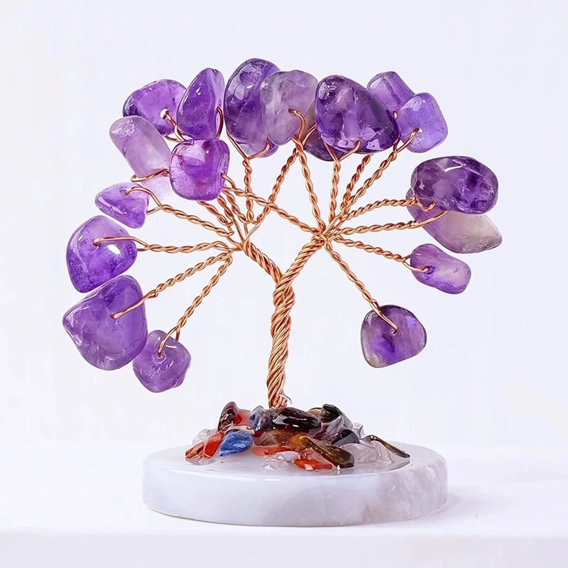 Natural crystal crushed stone agate piece base mini tree of life hand-woven