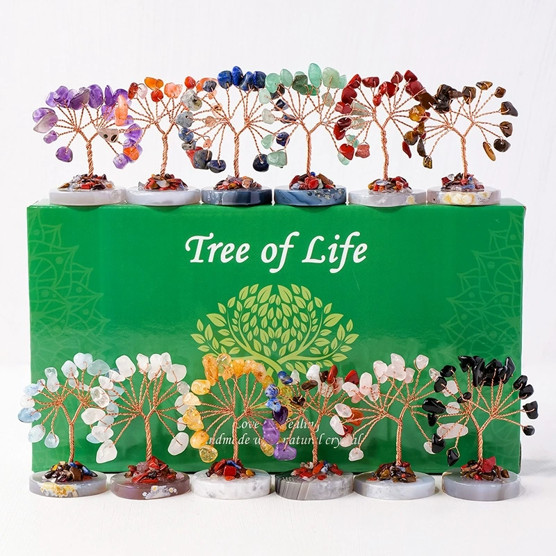 Natural crystal crushed stone agate piece base mini tree of life hand-woven