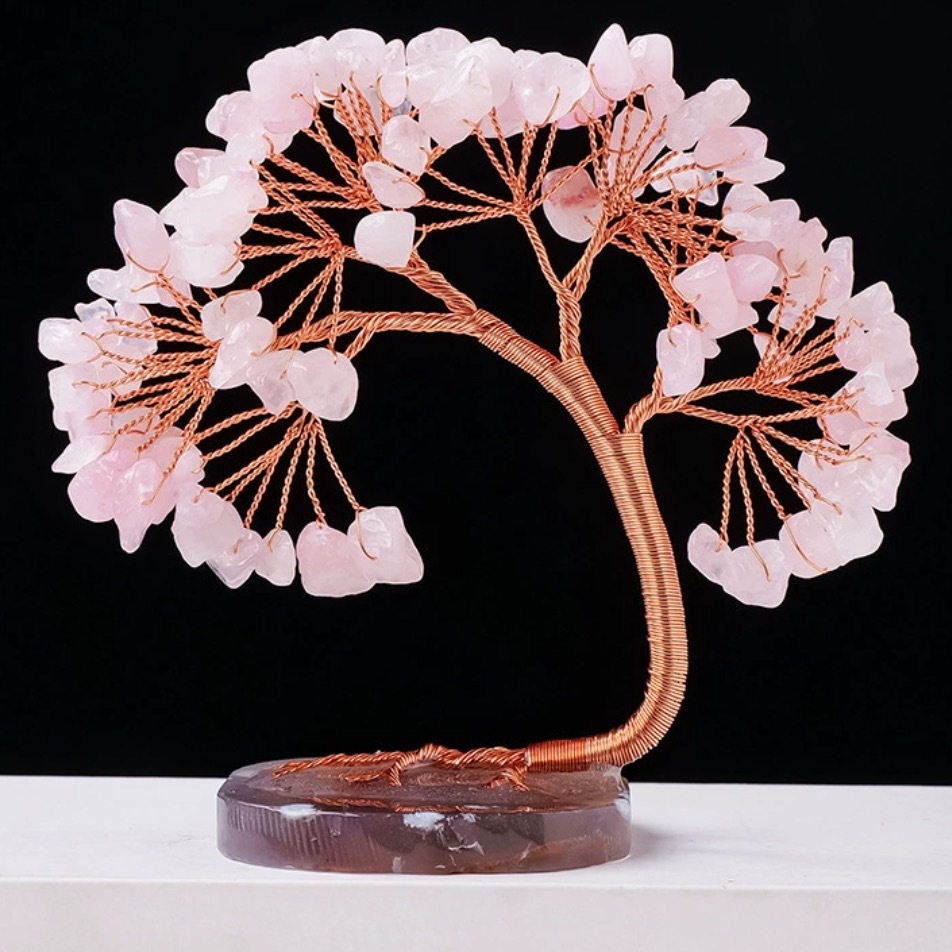 Natural Crystal Lucky Tree Copper Wire Winding Amethyst Gravel With Agate Slice Base Home Decoration Money Trees
