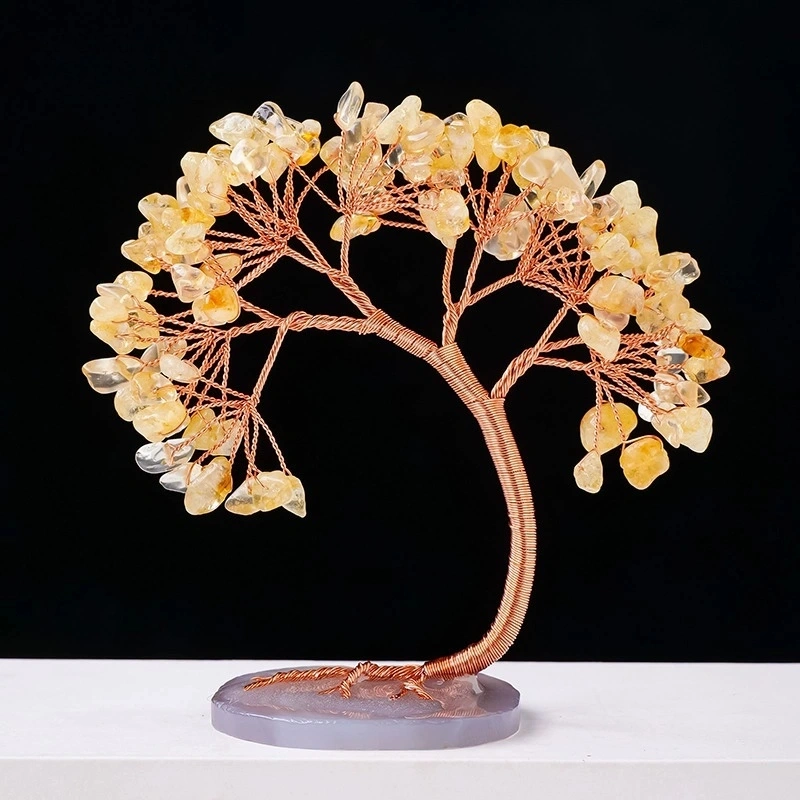 Natural Crystal Lucky Tree Copper Wire Winding Amethyst Gravel With Agate Slice Base Home Decoration Money Trees