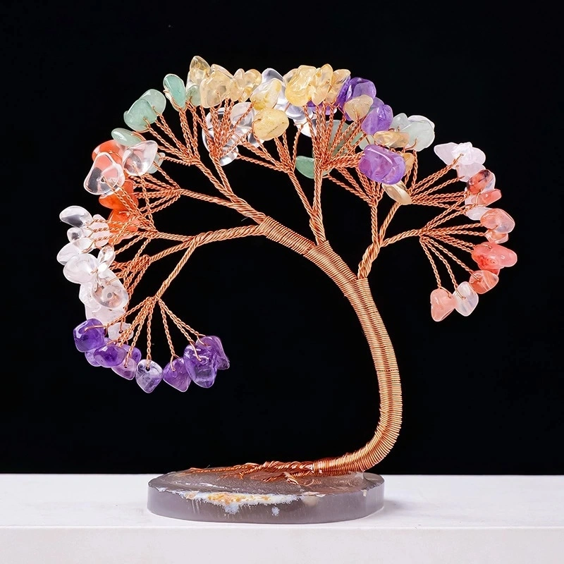 Natural Crystal Lucky Tree Copper Wire Winding Amethyst Gravel With Agate Slice Base Home Decoration Money Trees
