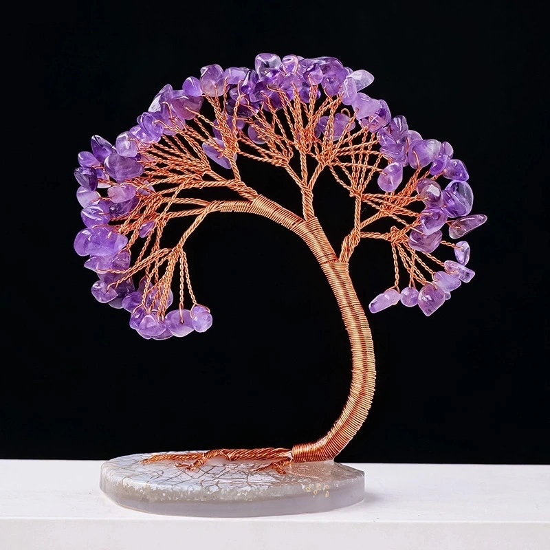 Natural Crystal Lucky Tree Copper Wire Winding Amethyst Gravel With Agate Slice Base Home Decoration Money Trees