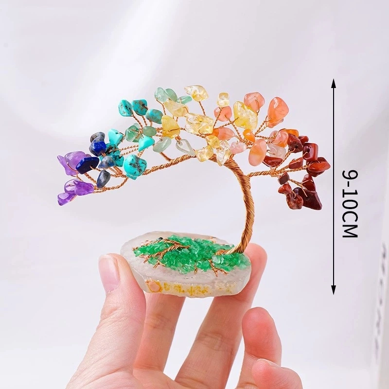 Natural Crystal Lucky Tree Copper Wire Winding Amethyst Gravel With Agate Slice Base Home Decoration Money Trees