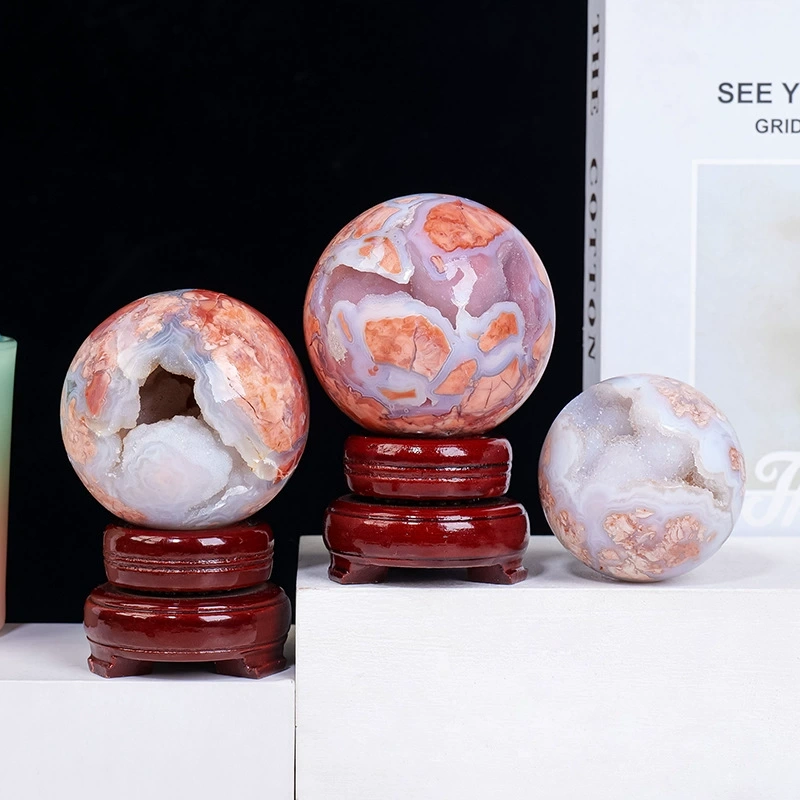Natural crystal pink purple cherry blossom agate crystal cave crystal ball ornaments
