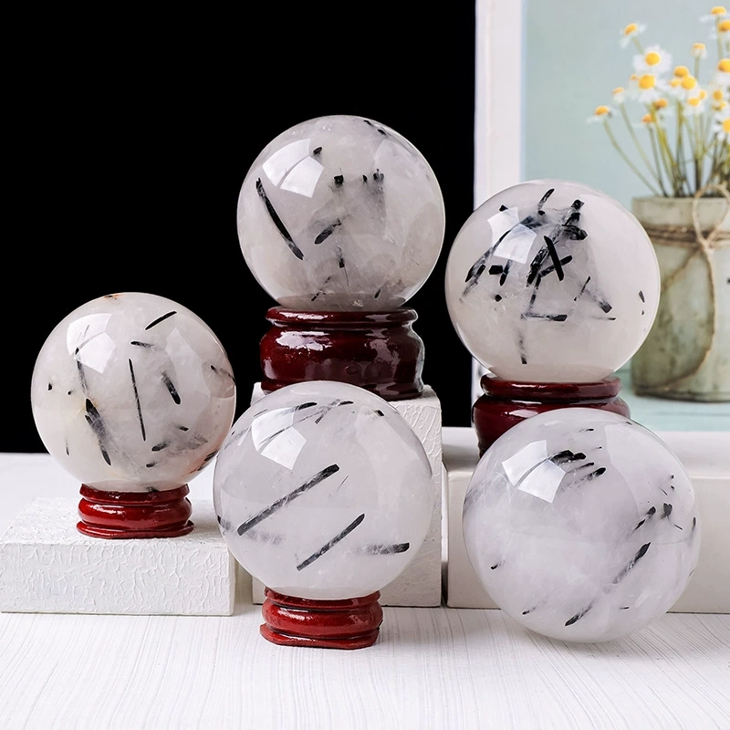 Natural black hair crystal crystal ball ornaments original stone polished ornaments