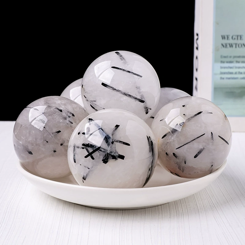 Natural black hair crystal crystal ball ornaments original stone polished ornaments