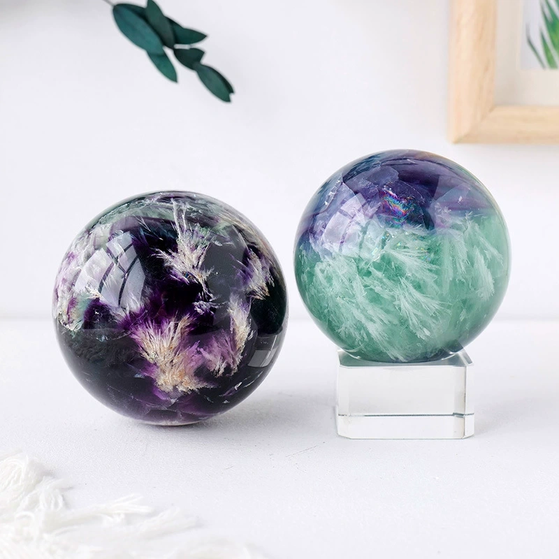 Natural crystal ball feather fluorite ball purple green fluorite rough stone polishing