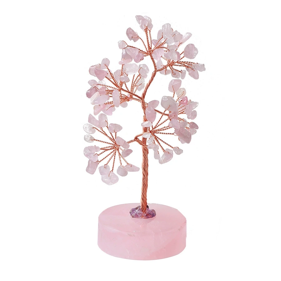 Natural rose quartz gravel fortune tree ornaments original stone polished disc base