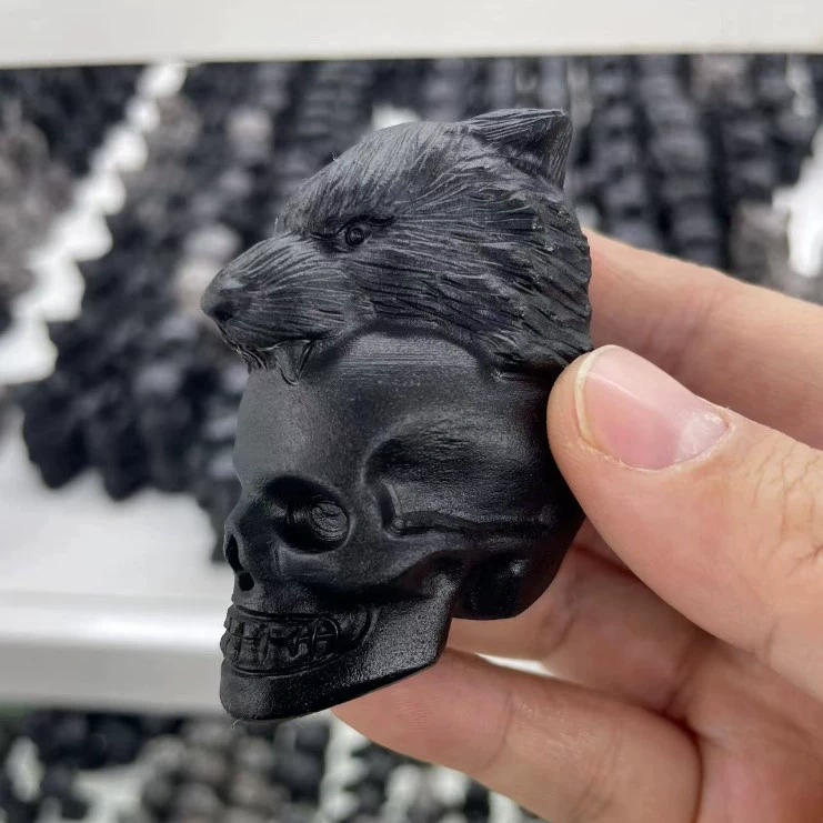 Obsidian leopard skull natural stone skull