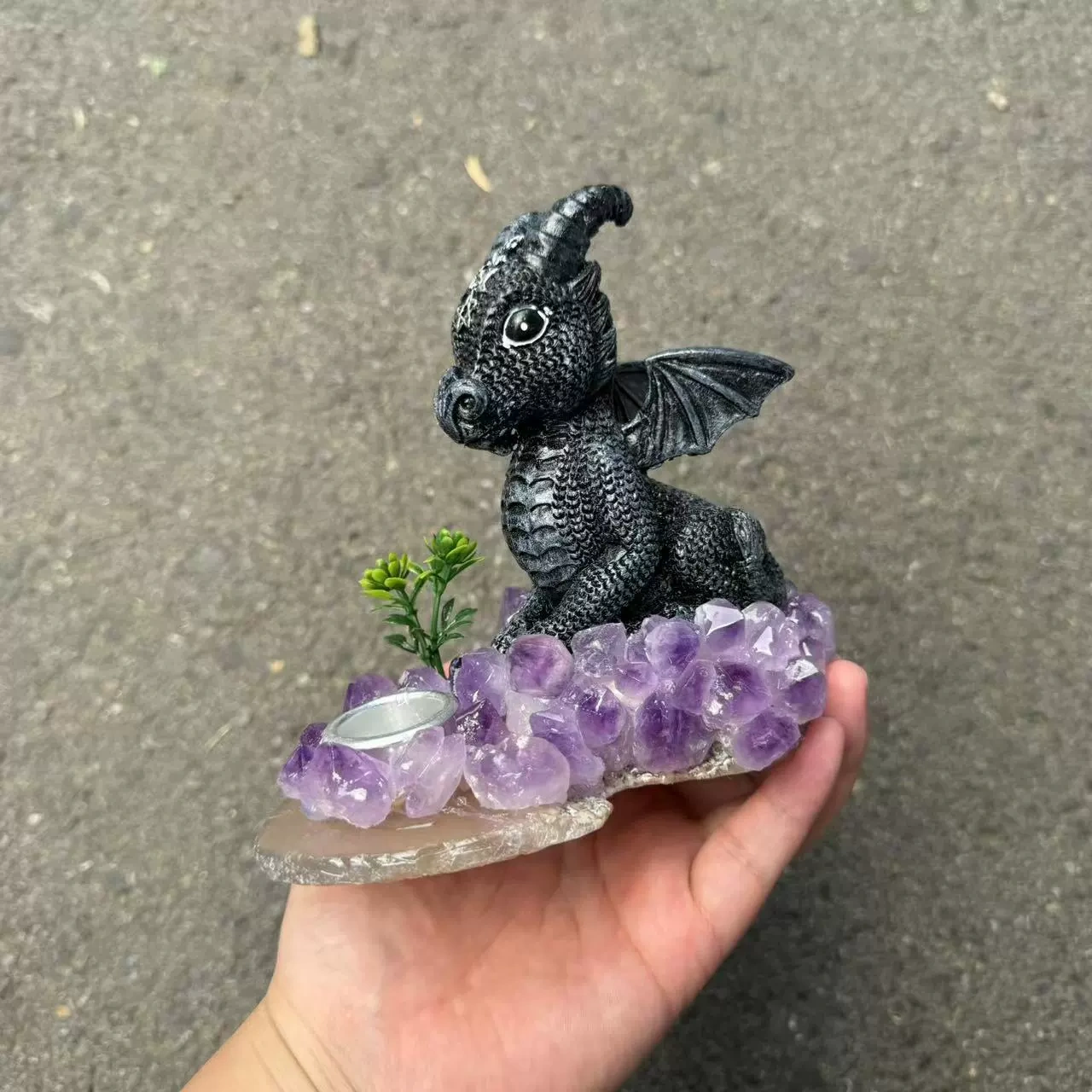 Amethyst agate piece resin black dragon candle holder resin crafts