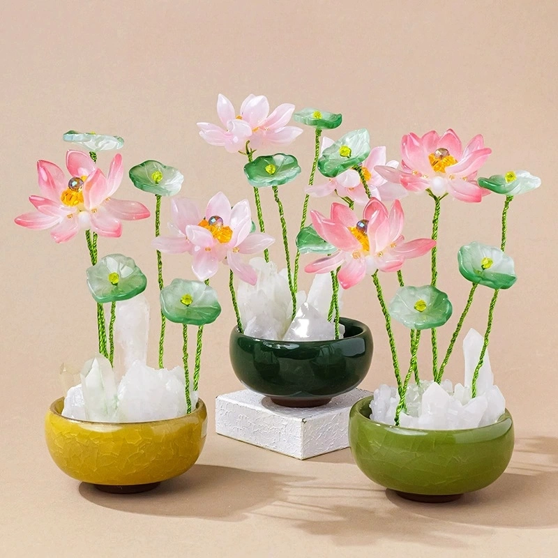 Natural clear quartz cluster tea cup base creative glass simulation lotus potted