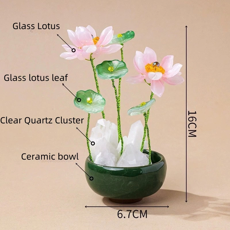 Natural clear quartz cluster tea cup base creative glass simulation lotus potted