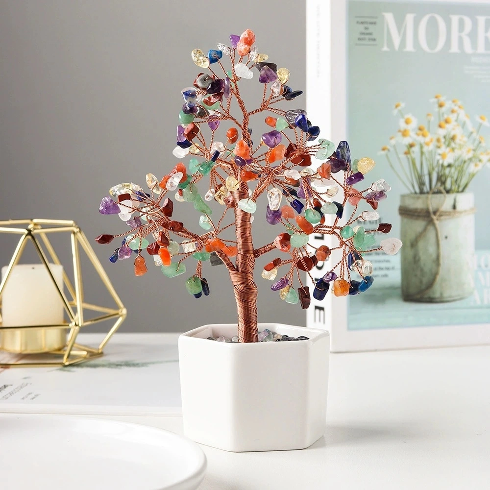 Natural crystal potted tree seven-color gemstone seven-color fluorite gravel tree of life
