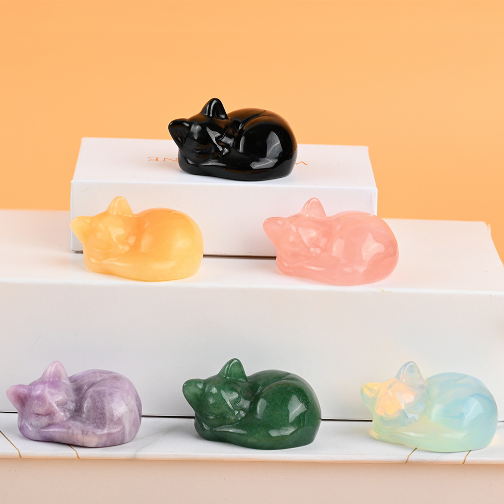 Natural crystal sleeping cat carvings, semi-precious jade cat ornaments, home decorations