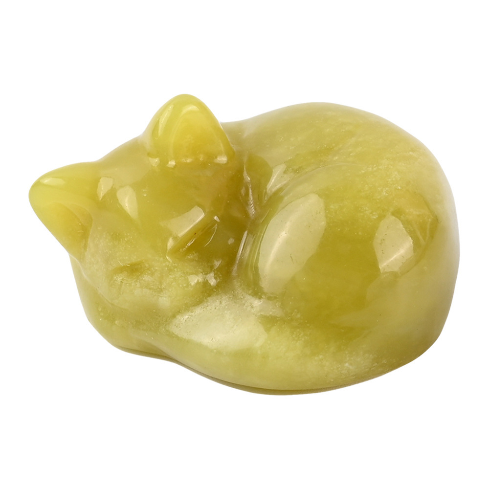 Natural crystal sleeping cat carvings, semi-precious jade cat ornaments, home decorations