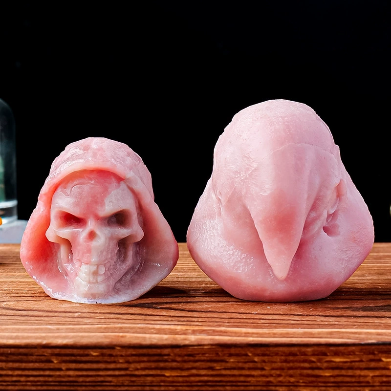 Natural pink opal death carving crystal rough stone polished skull