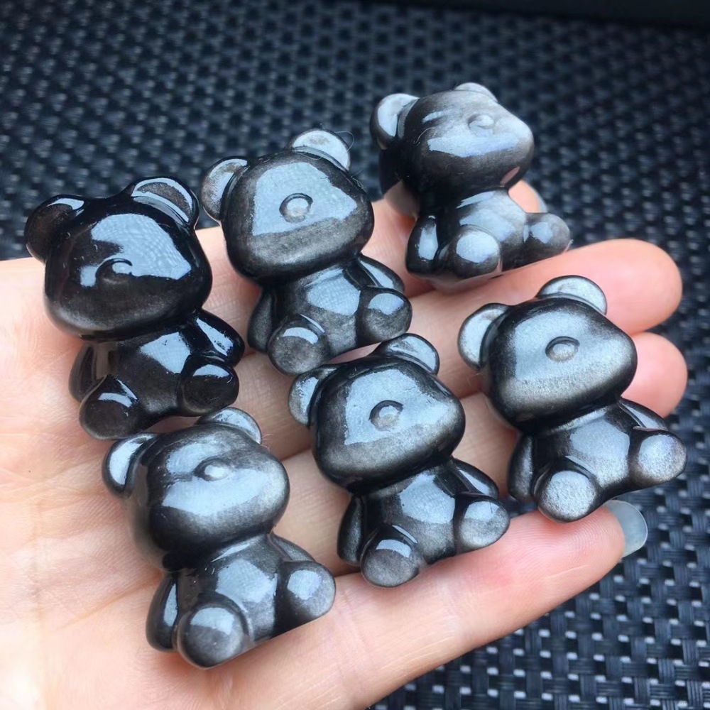 25 pieces/bag-Natural silver obsidian bear faceless bear sitting bear vertical through hole carving piece diy bracelet jewelry