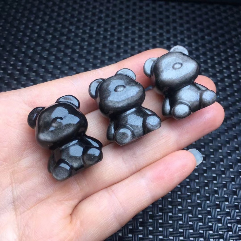 25 pieces/bag-Natural silver obsidian bear faceless bear sitting bear vertical through hole carving piece diy bracelet jewelry