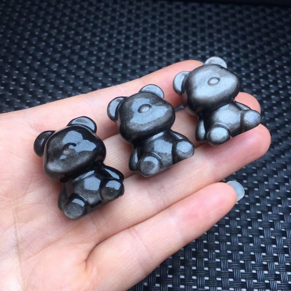 25 pieces/bag-Natural silver obsidian bear faceless bear sitting bear vertical through hole carving piece diy bracelet jewelry