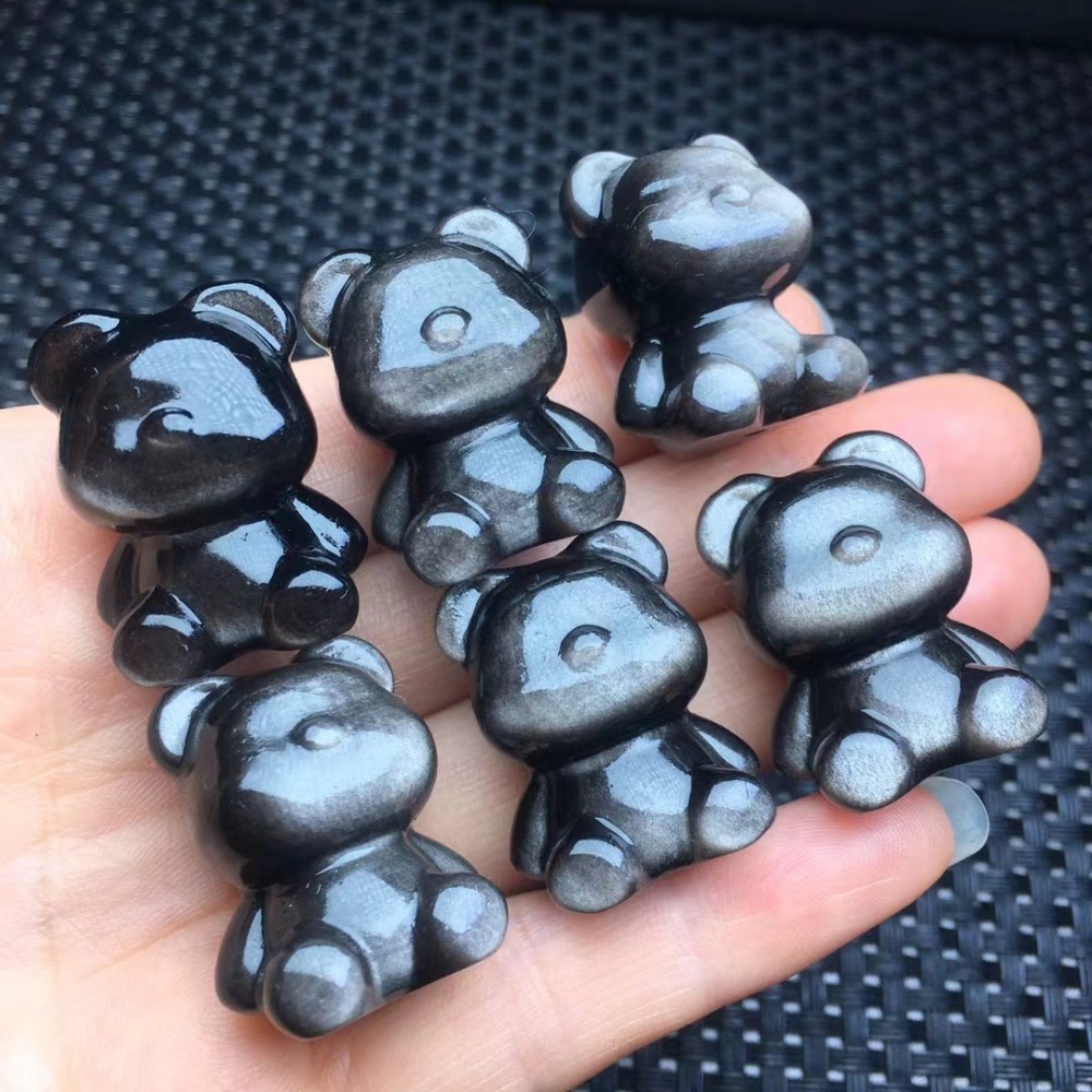 25 pieces/bag-Natural silver obsidian bear faceless bear sitting bear vertical through hole carving piece diy bracelet jewelry