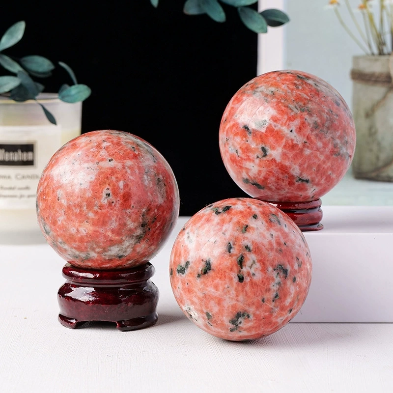 Natural crystal raw stone sunstone green tourmaline symbiotic crystal ball hand-polished