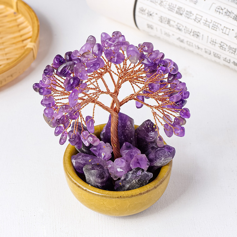 Natural crystal gravel + purple, yellow crystal tooth tea cup (12 tree heads) tree of life ornaments
