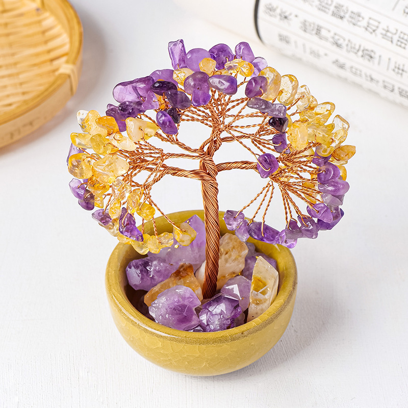 Natural crystal gravel + purple, yellow crystal tooth tea cup (12 tree heads) tree of life ornaments