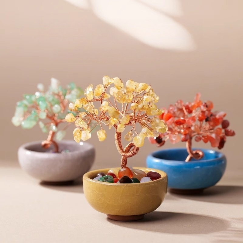 Natural crystal gravel tree of life tea cup base crystal tree home decoration
