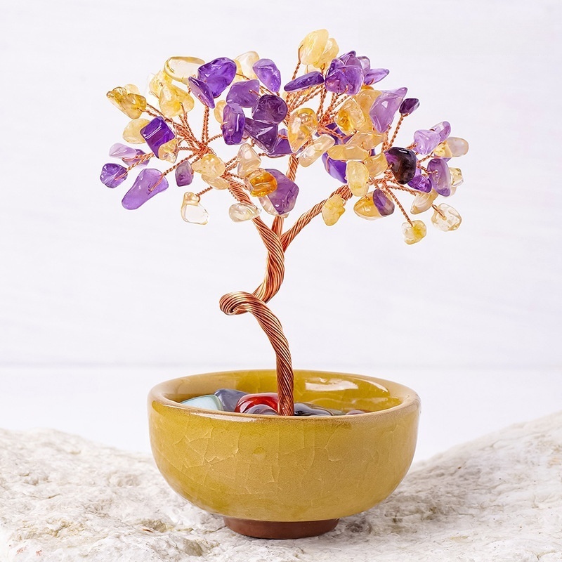 Natural crystal gravel tree of life tea cup base crystal tree home decoration