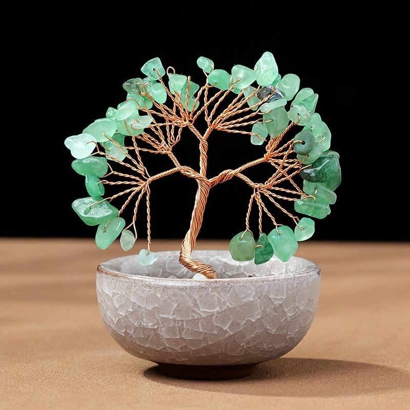 Natural crystal + colorful gravel teacup base tree of life home decoration 6 tree heads