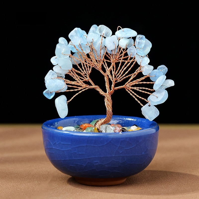Natural crystal + colorful gravel teacup base tree of life home decoration 6 tree heads