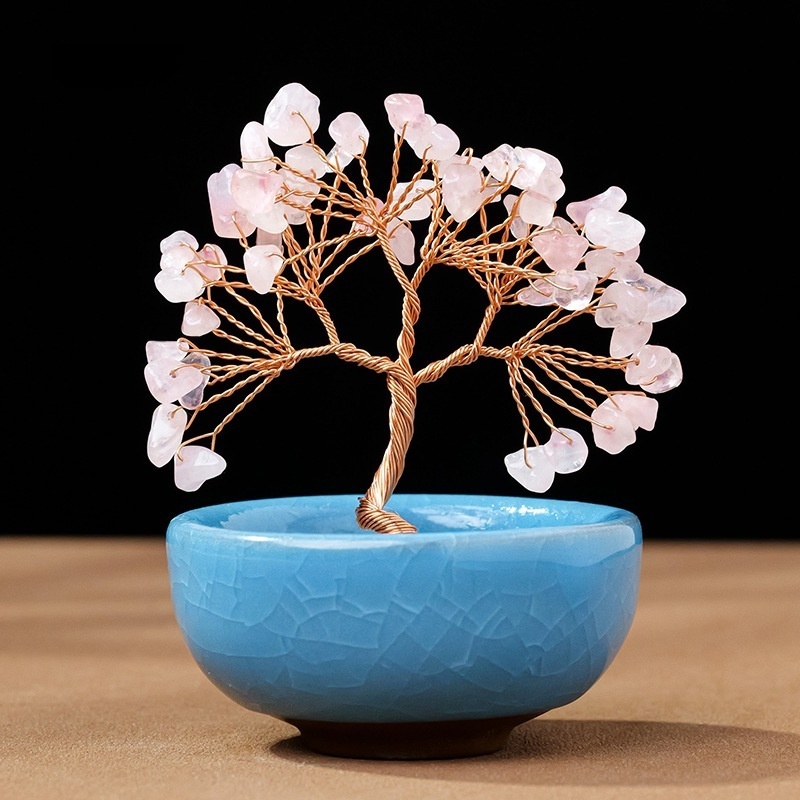 Natural crystal + colorful gravel teacup base tree of life home decoration 6 tree heads