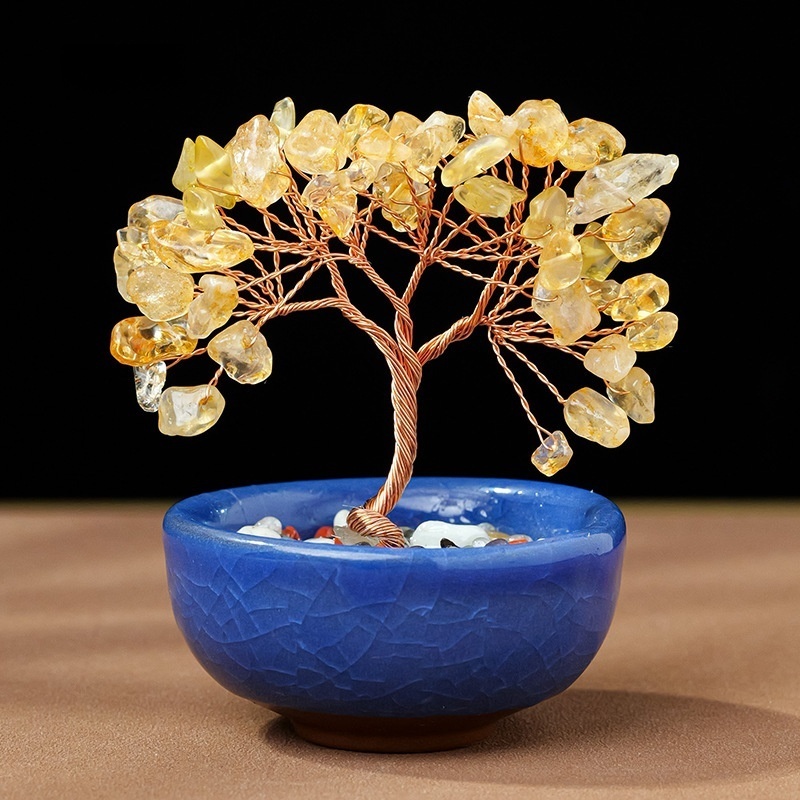Natural crystal + colorful gravel teacup base tree of life home decoration 6 tree heads