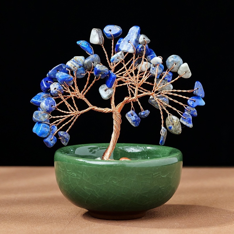 Natural crystal + colorful gravel teacup base tree of life home decoration 6 tree heads