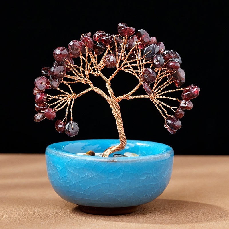 Natural crystal + colorful gravel teacup base tree of life home decoration 6 tree heads